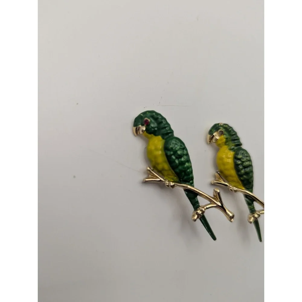 2 Vintage Enamel Parrot Green Yellow Brooch‎ Gold Tone Birds Perched